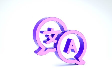 Purple Translator icon isolated on white background. Foreign language conversation icons in chat speech bubble. Translating concept. 3d illustration 3D renderの写真素材