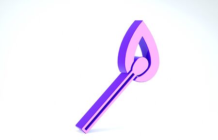 Purple Burning match with fire icon isolated on white background. Match with fire. Matches sign. 3d illustration 3D renderの写真素材