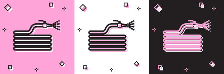 Set Garden hose or fire hose icon isolated on pink and white, black background. Spray gun icon....