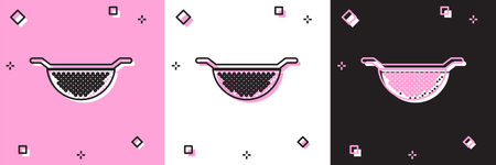 Set Kitchen colander icon isolated on pink and white, black background. Cooking utensil. Cutlery...