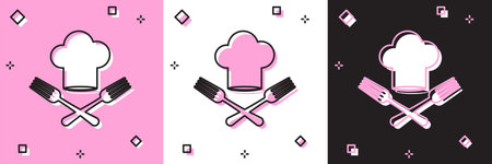 Set Chef hat and crossed fork icon isolated on pink and white, black background. Cooking symbol. Restaurant menu. Cooks hat. Vector Illustrationのイラスト素材