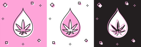 Set Medical marijuana or cannabis leaf olive oil drop icon isolated on pink and white, black...