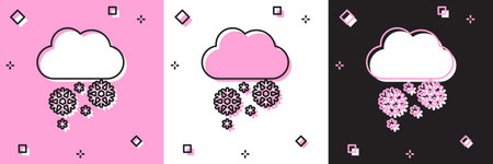 Set Cloud with snow icon isolated on pink and white, black background. Cloud with snowflakes. Single...