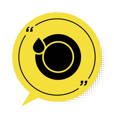 Black Washing dishes icon isolated on white background. Plate and sponge. Cleaning dishes icon. Dishwasher sign. Clean tableware sign. Yellow speech bubble symbol. Vector Illustrationのイラスト素材