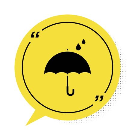 Black Umbrella and rain drops icon isolated on white background. Waterproof icon. Protection, safety, security concept. Water resistant symbol. Yellow speech bubble symbol. Vector Illustration