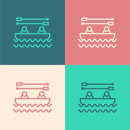 Color line Boat with oars and people icon isolated on color background. Water sports, extreme sports, holiday, vacation, team building.  Vector Illustrationのイラスト素材