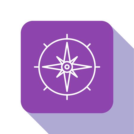 White line Wind rose icon isolated on white background. Compass icon for travel. Navigation design. Purple square button. Vector Illustrationのイラスト素材