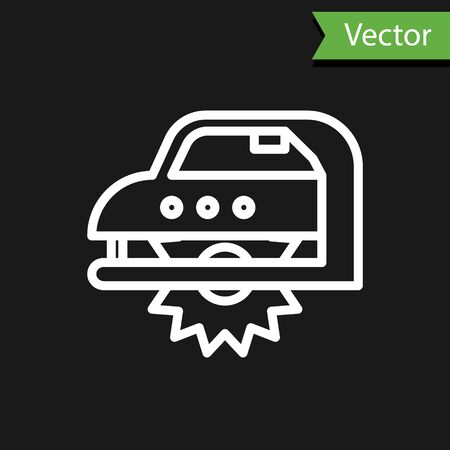 White line Electric circular saw with steel toothed disc icon isolated on black background. Electric hand tool for cutting wood or metal.  Vector Illustrationのイラスト素材