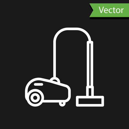 White line Vacuum cleaner icon isolated on black background. Vector Illustrationのイラスト素材