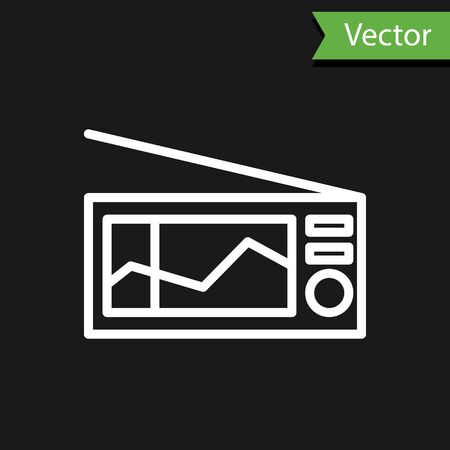 White line Radio with antenna icon isolated on black background.  Vector Illustrationのイラスト素材