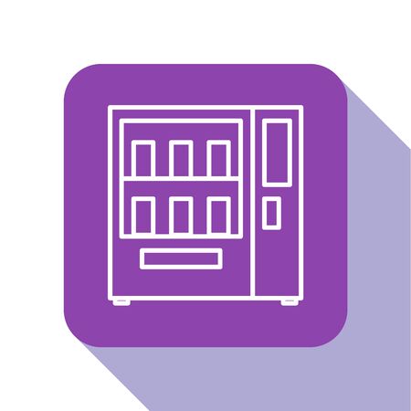 White line Vending machine of food and beverage automatic selling icon isolated on white background. Purple square button. Vector Illustrationのイラスト素材