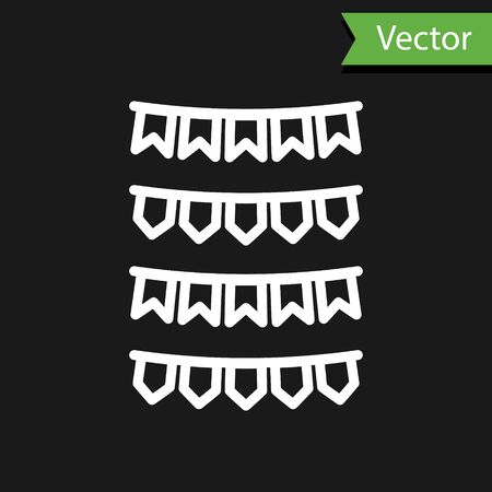 White line Carnival garland with flags icon isolated on black background. Party pennants for birthday celebration, festival and fair decoration. Vector Illustrationのイラスト素材