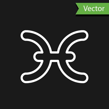 White line Pisces zodiac sign icon isolated on black background. Astrological horoscope collection. Vector Illustrationのイラスト素材
