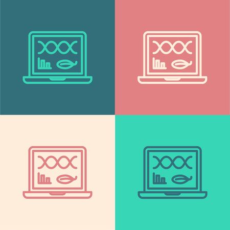 Color line Genetic engineering modification on laptop icon isolated on color background. DNA analysis, genetics testing, cloning. Vector Illustrationのイラスト素材
