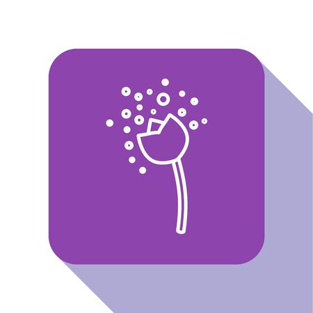 White line Flower producing pollen in atmosphere icon isolated on white background. Purple square button. Vector Illustrationのイラスト素材