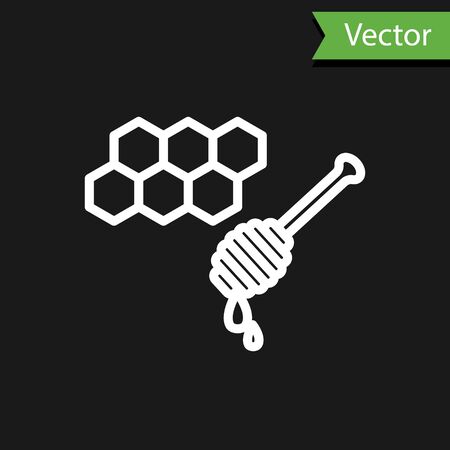 White line Honeycomb with honey dipper stickicon isolated on black background. Honey ladle. Honey cells symbol. Sweet natural food. Vector Illustrationのイラスト素材