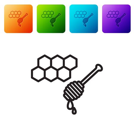 Black line Honeycomb with honey dipper stickicon isolated on white background. Honey ladle. Honey cells symbol. Sweet natural food. Set icons in color square buttons. Vector Illustrationのイラスト素材