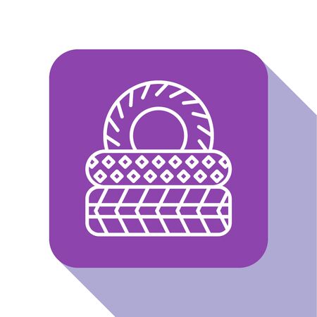 White line Car tire icon isolated on white background. Purple square button. Vector Illustrationのイラスト素材