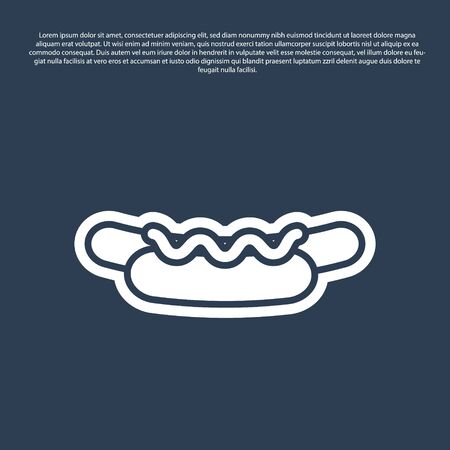 Blue line Hotdog sandwich with mustard icon isolated on blue background. Sausage icon. Street fast food menu.  Vector Illustrationのイラスト素材