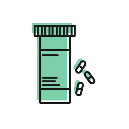 Black line Medicine bottle and pills icon isolated on white background. Bottle pill sign. Pharmacy design. Vector Illustrationのイラスト素材