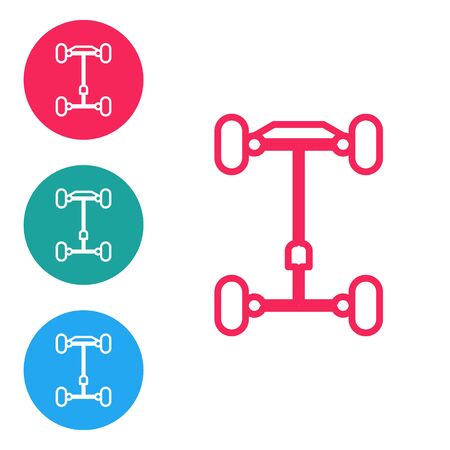Red line Chassis car icon isolated on white background. Set icons in circle buttons. Vector Illustrationのイラスト素材
