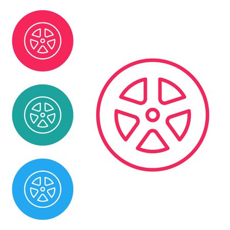 Red line Car wheel icon isolated on white background. Set icons in circle buttons. Vector Illustrationのイラスト素材