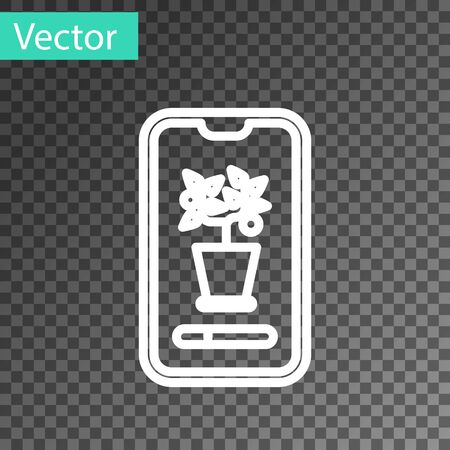 White line Smart control farming system mobile application icon isolated on transparent background. Vector Illustrationのイラスト素材