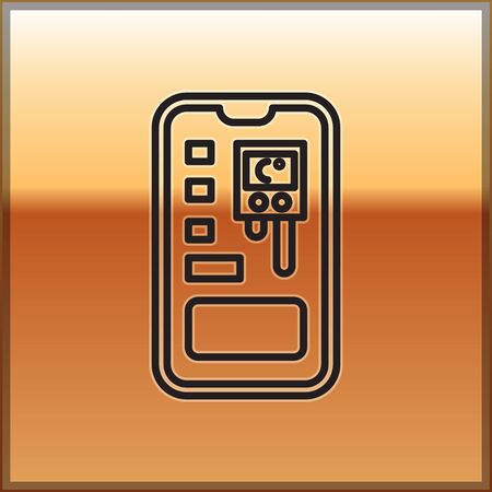 Black line Smart control farming system mobile application icon isolated on gold background. Vector Illustrationのイラスト素材
