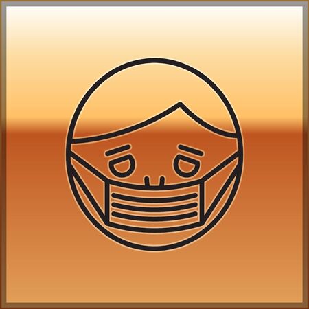 Black line Man face in a medical protective mask icon isolated on gold background. Quarantine. Vector Illustrationのイラスト素材