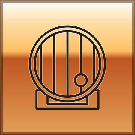 Black line Wooden barrel icon isolated on gold background. Alcohol barrel, drink container, wooden keg for beer, whiskey, wine. Vector Illustrationのイラスト素材
