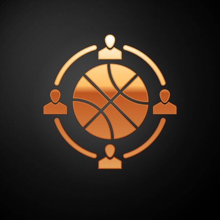 Gold Clock with basketball ball inside icon isolated on black background. Basketball time. Sport and training. Vector Illustrationのイラスト素材