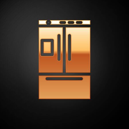 Gold Refrigerator icon isolated on black background. Fridge freezer refrigerator. Household tech and appliances. Vector Illustrationのイラスト素材