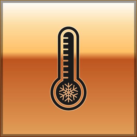 Black Meteorology thermometer measuring heat and cold icon isolated on gold background. Thermometer equipment showing hot or cold weather. Vector Illustrationのイラスト素材