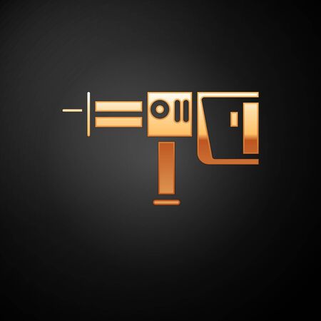 Gold Electric rotary hammer drill machine icon isolated on black background. Working tool for construction, finishing, repair work. Vector Illustrationのイラスト素材