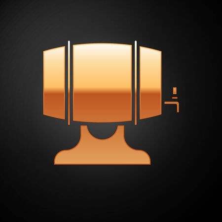 Gold Wooden barrel on rack with stopcock icon isolated on black background. Vector Illustrationのイラスト素材