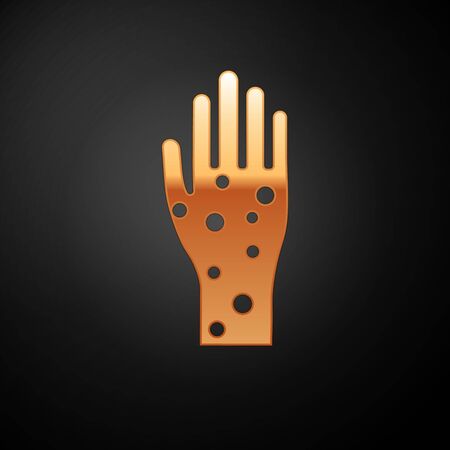 Gold Hand with psoriasis or eczema icon isolated on black background. Concept of human skin response to allergen or chronic body problem. Vector Illustrationのイラスト素材