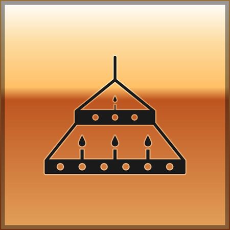 Black Massive steel chandelier with candles in medieval icon isolated on gold background. Vector Illustrationのイラスト素材