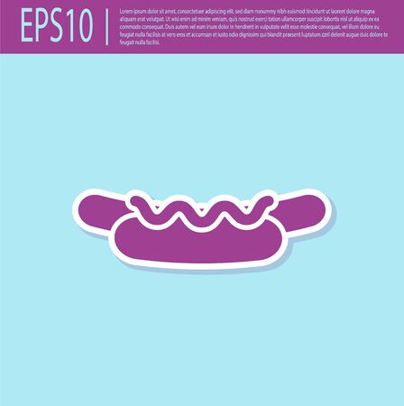 Retro purple Hotdog sandwich with mustard icon isolated on turquoise background. Sausage icon. Street fast food menu. Vector Illustrationのイラスト素材