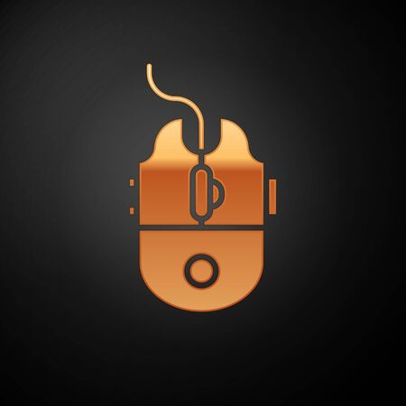 Gold Computer mouse gaming icon isolated on black background. Optical with wheel symbol. Vector Illustrationのイラスト素材