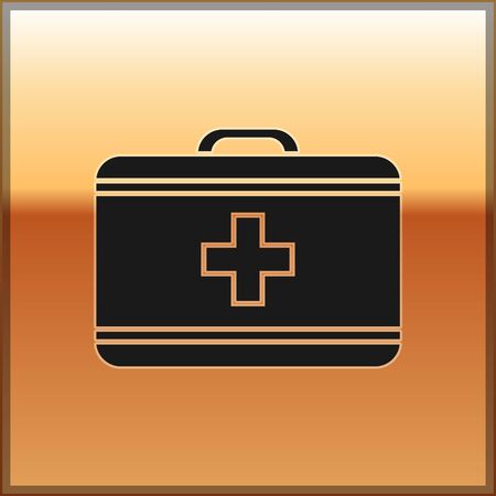 Black First aid kit icon isolated on gold background. Medical box with cross. Medical equipment for emergency. Healthcare concept. Vector Illustrationのイラスト素材