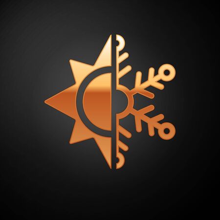 Gold Hot and cold symbol. Sun and snowflake icon isolated on black background. Winter and summer symbol. Vector Illustrationのイラスト素材