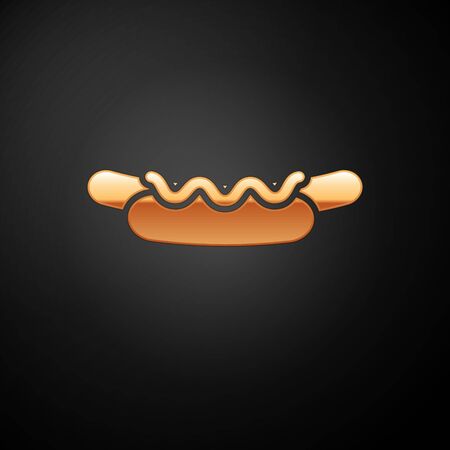 Gold Hotdog sandwich with mustard icon isolated on black background. Sausage icon. Street fast food menu. Vector Illustrationのイラスト素材
