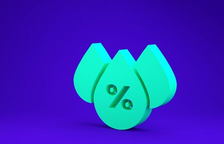 Green Water drop percentage icon isolated on blue background. Humidity analysis. Minimalism concept. 3d illustration 3D renderの写真素材