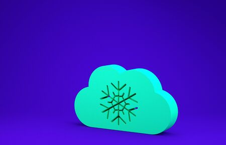 Green Cloud with snow icon isolated on blue background. Cloud with snowflakes. Single weather icon. Snowing sign. Minimalism concept. 3d illustration 3D renderの写真素材