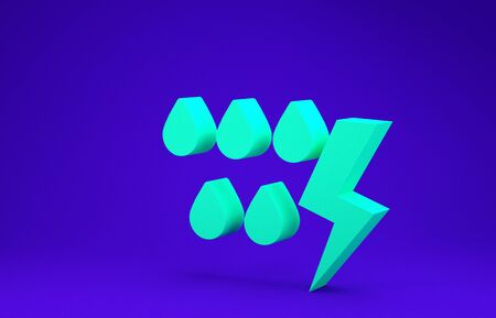 Green Storm icon isolated on blue background. Drop and lightning sign. Weather icon of storm. Minimalism concept. 3d illustration 3D renderの写真素材
