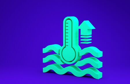 Green Water thermometer measuring heat and cold icon isolated on blue background. Thermometer equipment showing hot or cold weather. Minimalism concept. 3d illustration 3D renderの写真素材