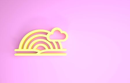 Yellow Rainbow with clouds icon isolated on pink background. Minimalism concept. 3d illustration 3D renderの写真素材
