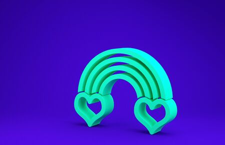 Green Rainbow with heart icon isolated on blue background. Minimalism concept. 3d illustration 3D renderの写真素材