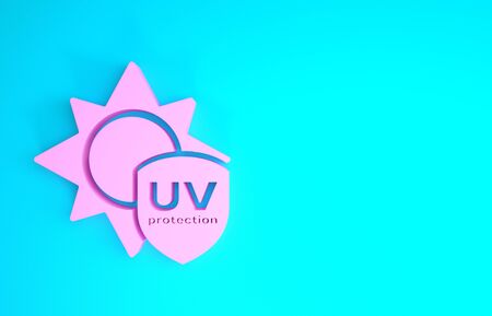 Pink UV protection icon isolated on blue background. Sun and shield. Ultra violet rays radiation. SPF sun sign. Minimalism concept. 3d illustration 3D renderの写真素材