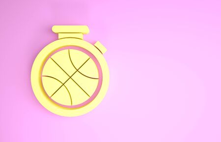 Yellow Stopwatch with basketball ball inside icon isolated on pink background. Basketball time. Sport and training. Minimalism concept. 3d illustration 3D renderの写真素材